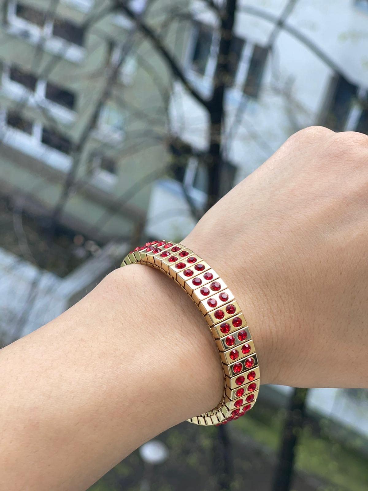 Handmade Ruby Bracelet for Women - 2ct Austrian Crystal Gold Jewelry, Elegant Bangle for Fiancée Engagement Gift, Graduation Party & Special Occasions