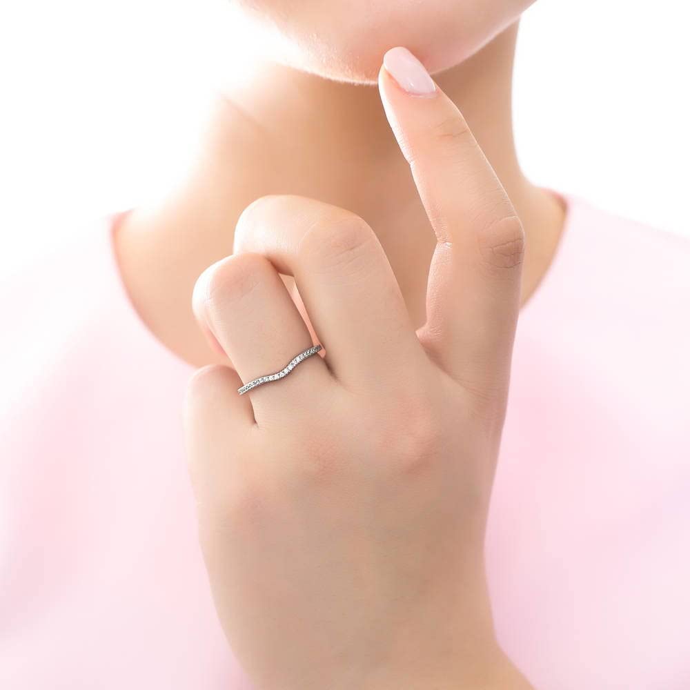 Sterling Silver Wishbone Wedding Ring Set with Round Cut Cubic Zirconia - Micro Pave Curved Half Eternity Band for Women, Rhodium Plated (Size 4-10) | Elegant Bridal Jewelry for Engagement, Anniversary & Special Occasions