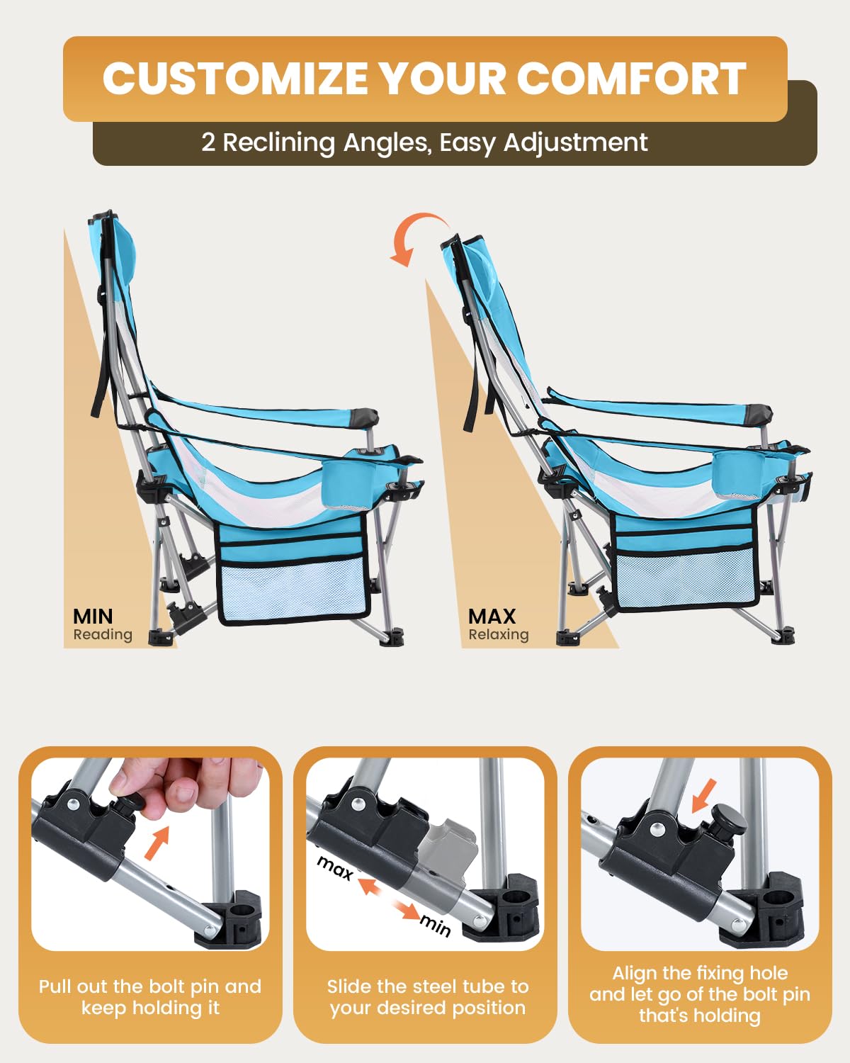 Sportneer 2 Pack Adjustable Folding Beach Chairs with Cup Holder & Side Pocket - Portable Reclining Camping Chairs for Adults, Compact Outdoor Chairs for Beach, Picnic, Backyard & Travel (Blue)