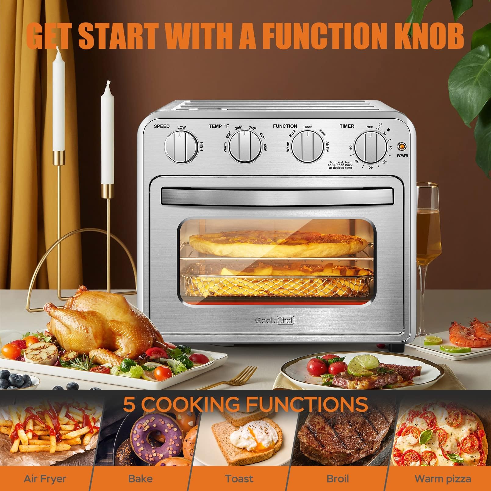Geek Chef 16QT Air Fryer Toaster Oven - 4 Slice Convection Countertop Oven with Accessories, Oil-Free Cooking, ETL Certified - Perfect for Baking, Roasting & Healthy Meals in Small Kitchens