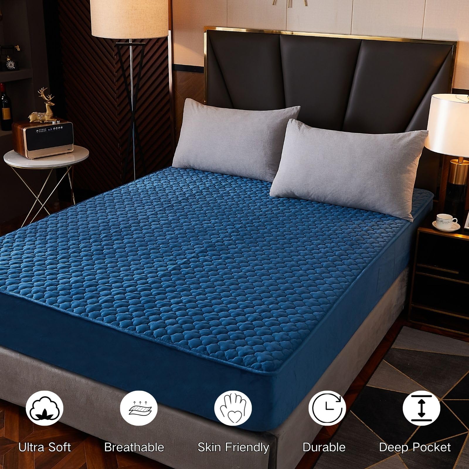 Premium Solid Flannel Plaid Fitted Sheet - Ultra Soft Heavyweight Non-Slip Mattress Protector Cover for California King Bed | Cozy Winter Bedding & Guest Room Essentials (Blue)