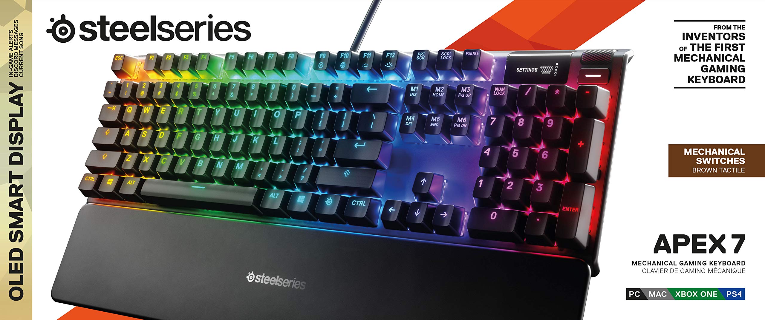 SteelSeries Apex 7 Mechanical Gaming Keyboard with OLED Smart Display - USB Passthrough & Media Controls - Tactile Quiet Brown Switch - RGB Backlit for PC, Mac, PS5, Xbox - Perfect for Gaming, Streaming & Office Work