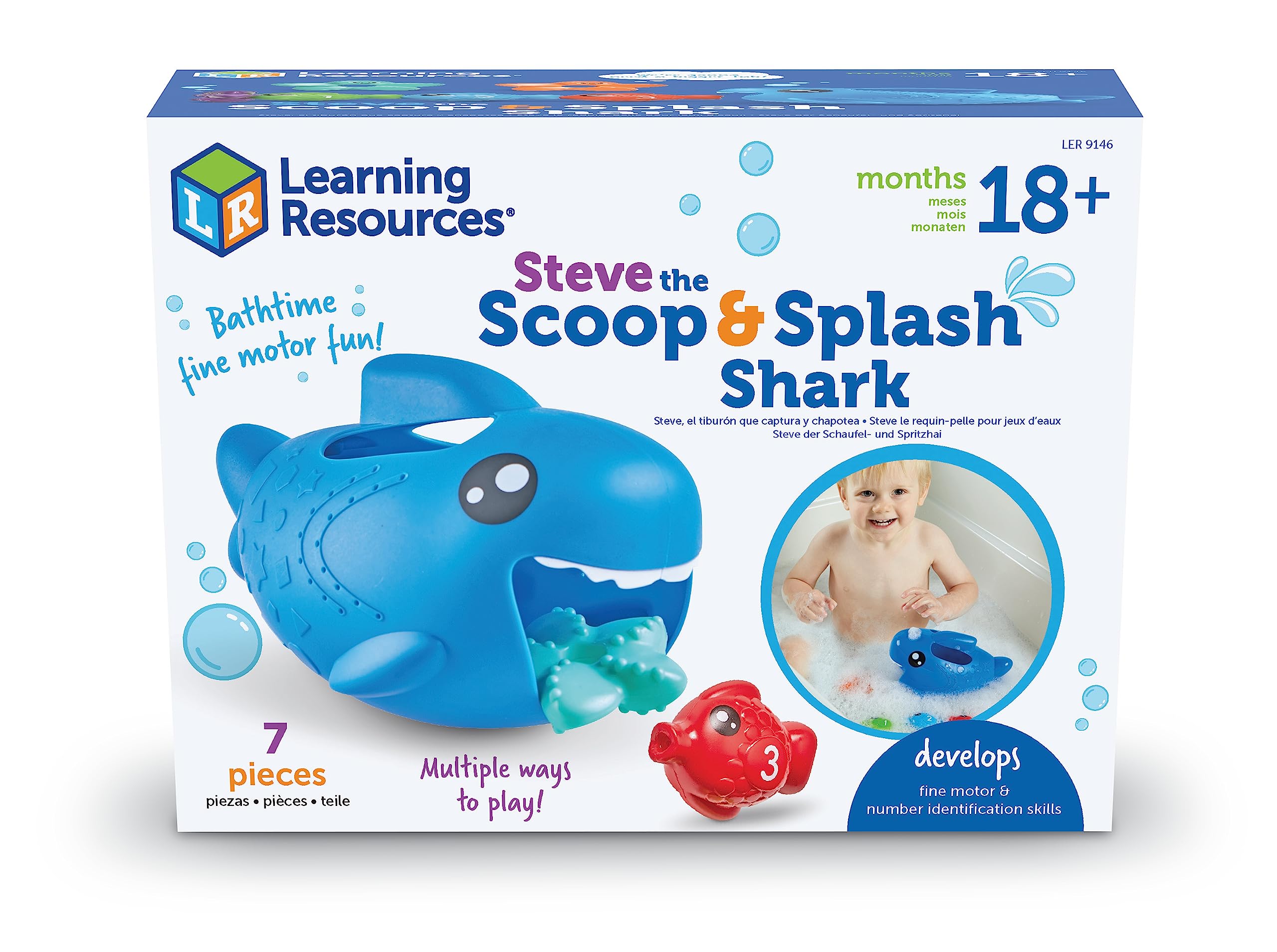 Learning Resources Steve The Scoop & Splash Shark - 7 Piece Toddler Bath & Pool Water Toy Set for Babies 18+ Months - Fun Educational Bathtub & Swimming Pool Toys for Kids - Perfect Stocking Stuffer Gift for Toddlers