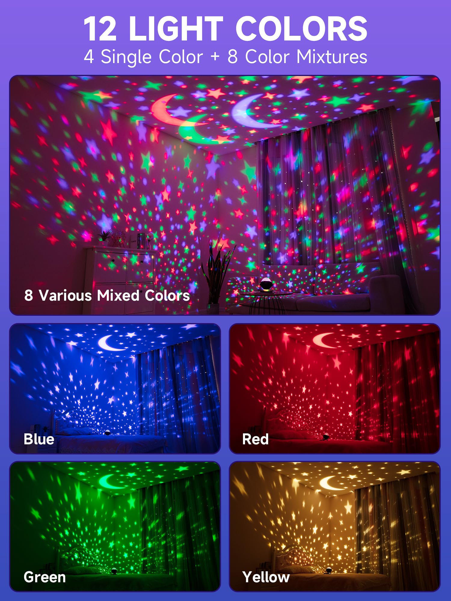 Bluetooth Star Projector Night Light for Kids - 360° Rotating with 12 Colors, Remote Control & Timer | Perfect for Bedrooms, Nurseries, and Relaxation