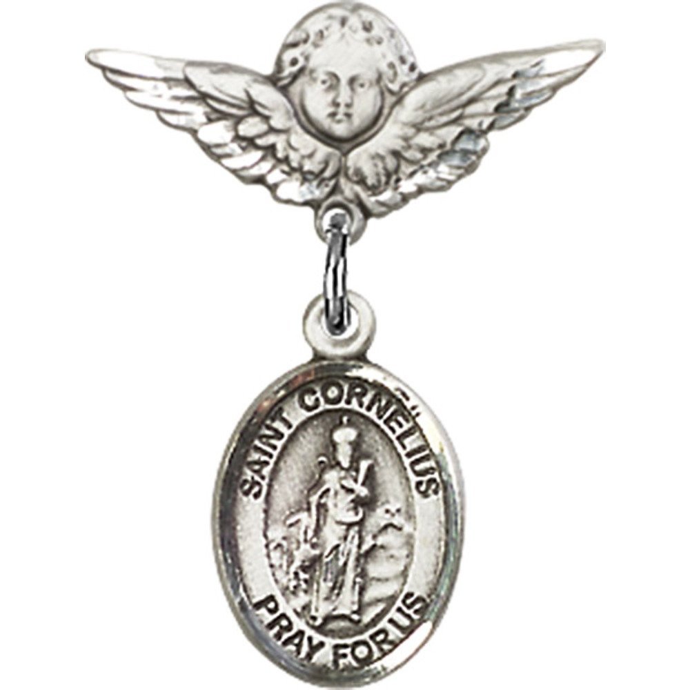 St. Cornelius Sterling Silver Baby Badge with Angel Wing Charm - 7/8