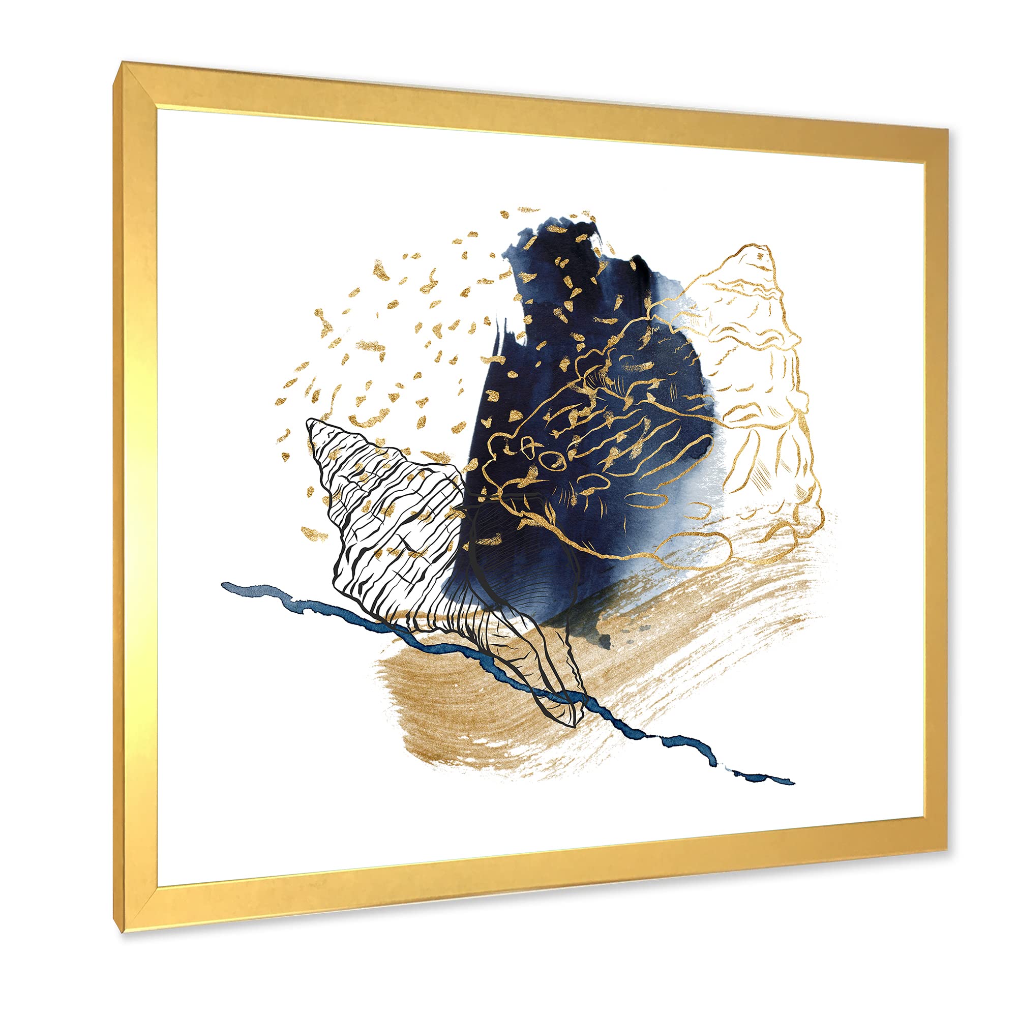 DesignQ Gold Shell Line Art with Underwater Marine Life - Farmhouse Style Framed Wall Decor for Living Room, Bedroom & Office | Coastal Home Decor