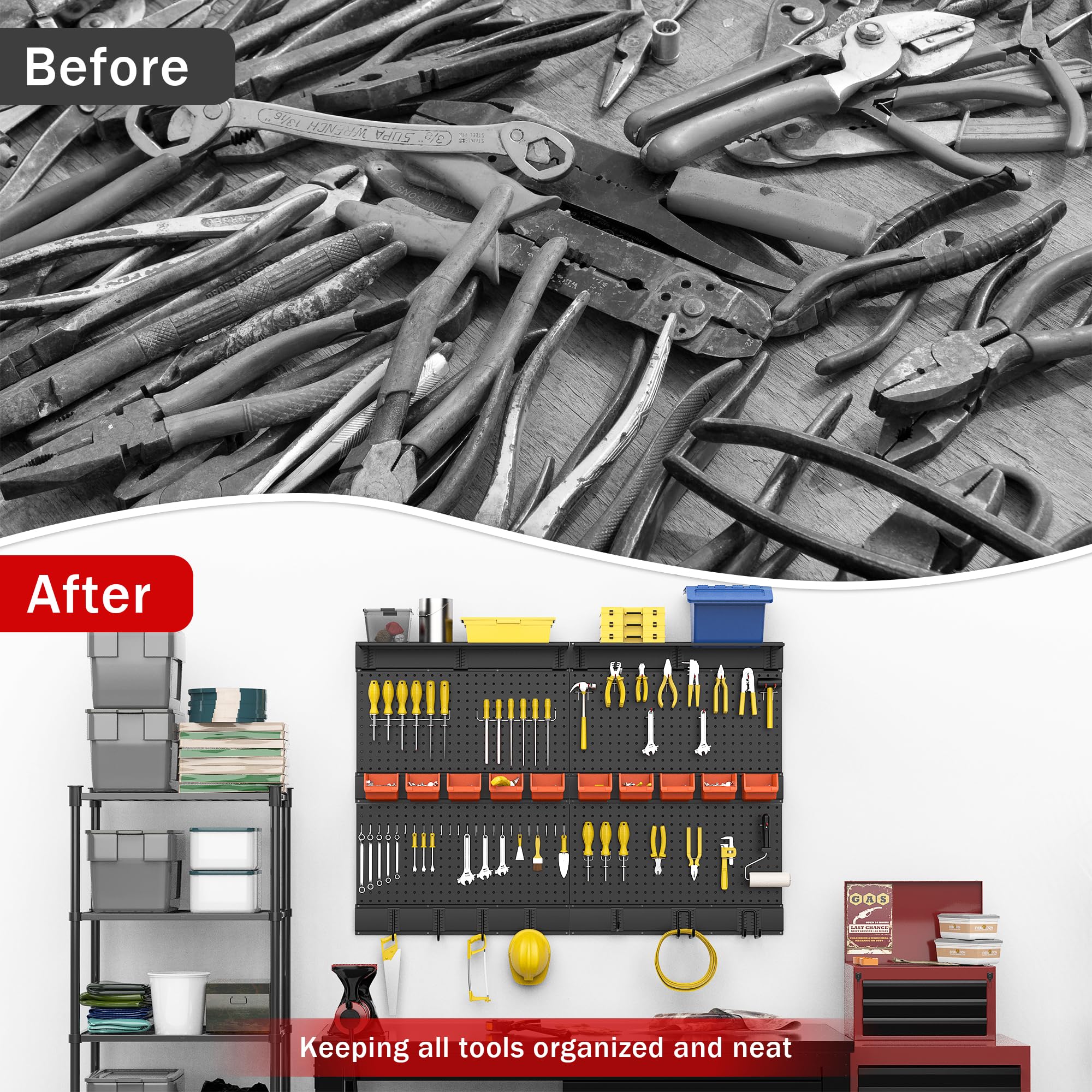 Ultrawall Black Pegboard Wall Organizer - 48x36 Inch Garage Storage System with Hooks, Bins & Tool Panel (72-Piece Set) - Perfect for Workshop, Garage & Home Organization