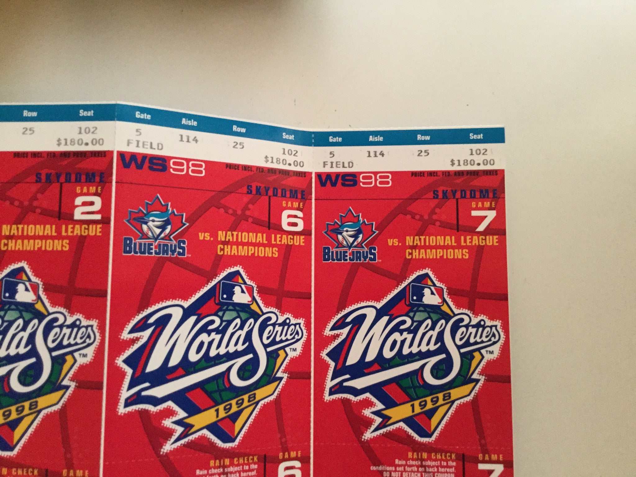 1998 Toronto Blue Jays World Series Baseball Tickets - Collectible Memorabilia for Sports Fans & MLB Enthusiasts | Perfect for Framing, Display, or Gift Giving