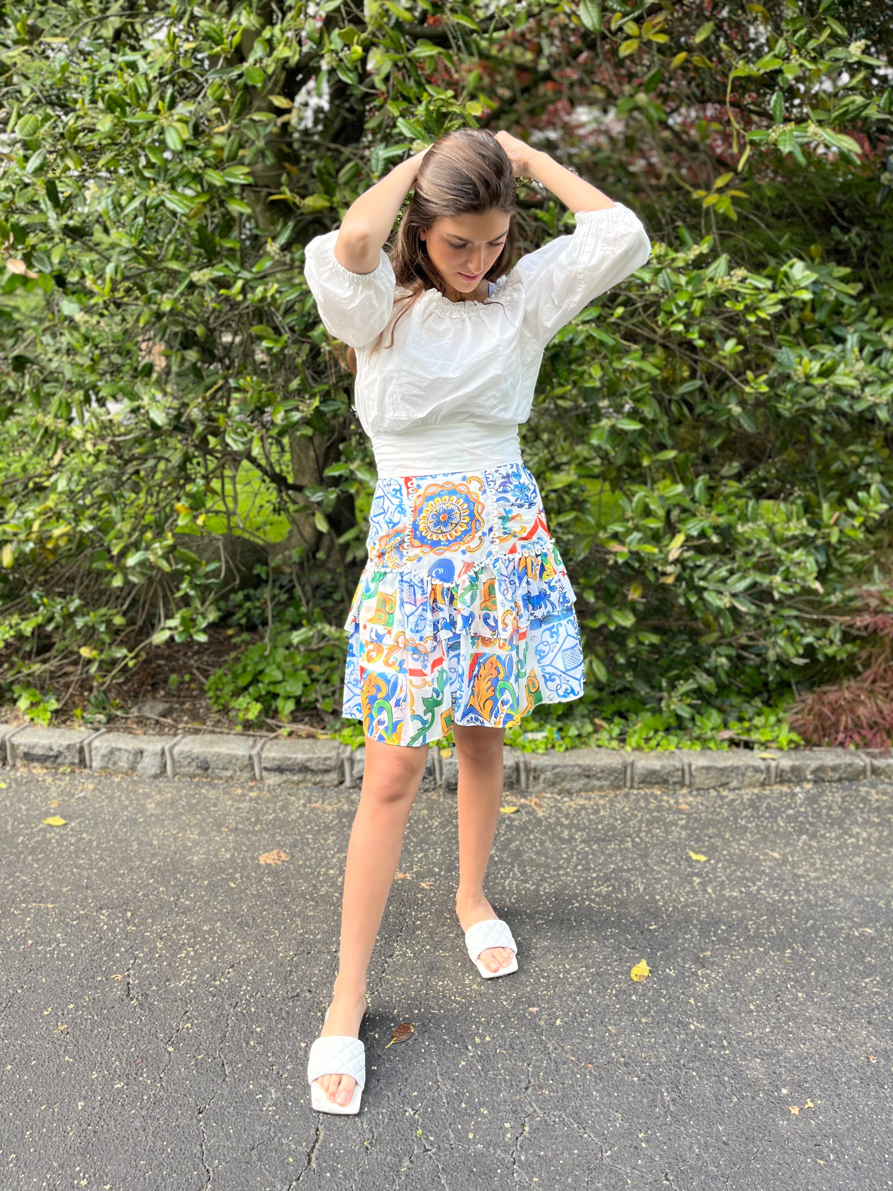 Majolica Print Ruffle Skirt for Women - Floral Vintage Style Midi Skirt with Elastic Waist | Perfect for Spring Outfits, Date Nights & Boho Fashion