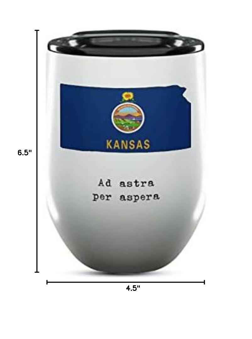 12 Oz Insulated Wine Tumbler with Lid - Kansas Sunflower State Gifts & Souvenirs - USA State Motto & Flag Drinkware - Perfect for College Graduation, Picnics & Outdoor Events