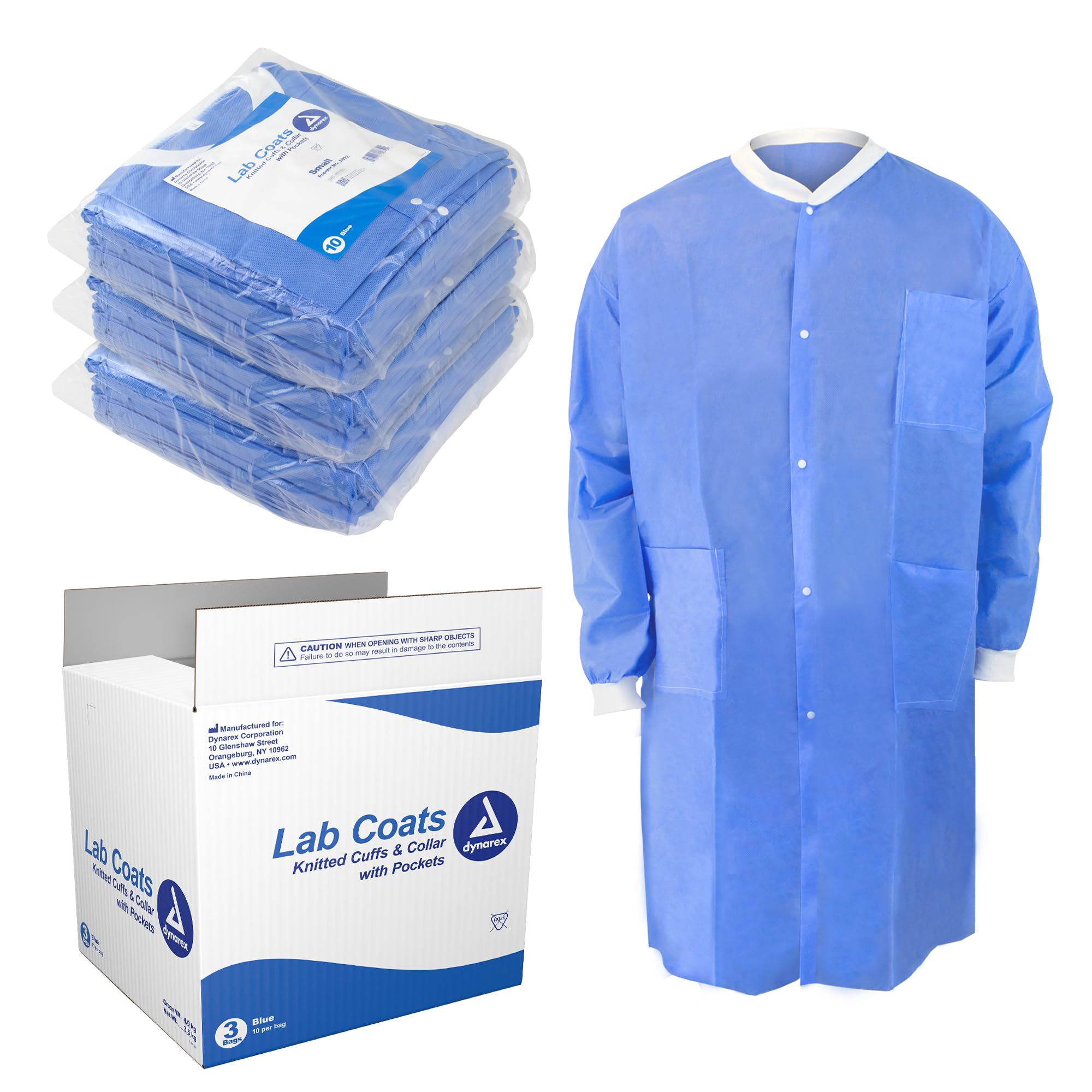 Dynarex Disposable Lab Coats - Breathable 3-Layer Non-Woven Polypropylene Fabric - Knee-Length with Elastic Cuffs - Blue, Small (Pack of 30) - Ideal for Medical Labs, Hospitals & Cleanroom Environments