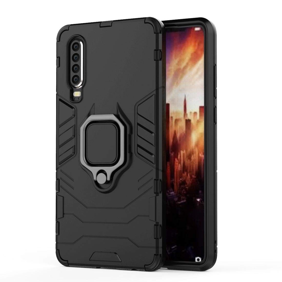 Shockproof Magnetic Ring Holder Case for Huawei P30 - PC + TPU Protective Phone Cover with Anti-Slip Grip (Black) | Perfect for Work, Travel & Outdoor Activities