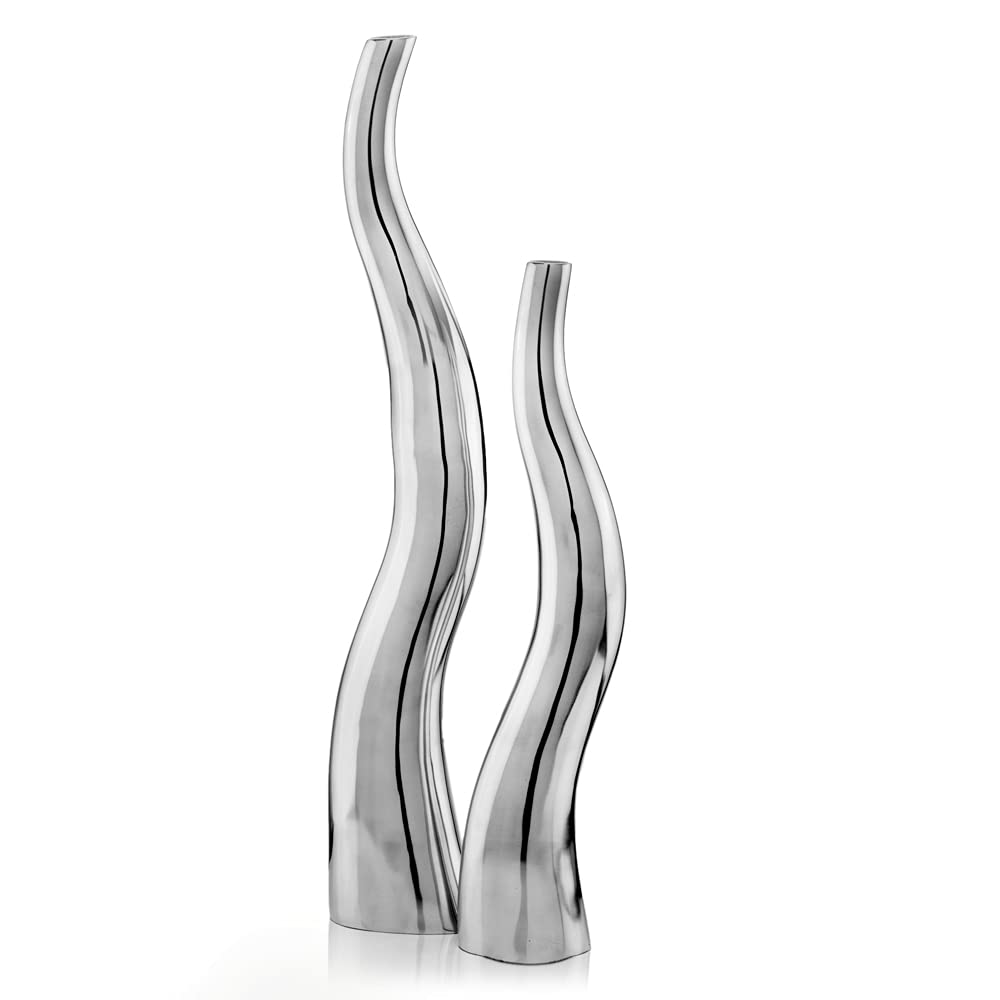 Set of 2 Modern Tall Silver Squiggly Vases - Elegant Home Decor for Living Room, Dining Table & Wedding Centerpieces