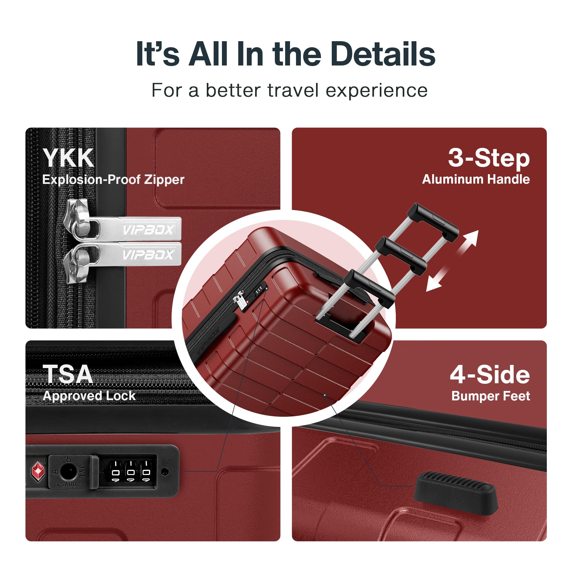 3-Piece Hardside Expandable Luggage Set with TSA Lock & Spinner Wheels - Ultra Durable Polycarbonate Lightweight Carry-On Suitcase (Wine Red) - Perfect for Air Travel, Business Trips & Family Vacations - Includes 3-Year VIP Warranty Service