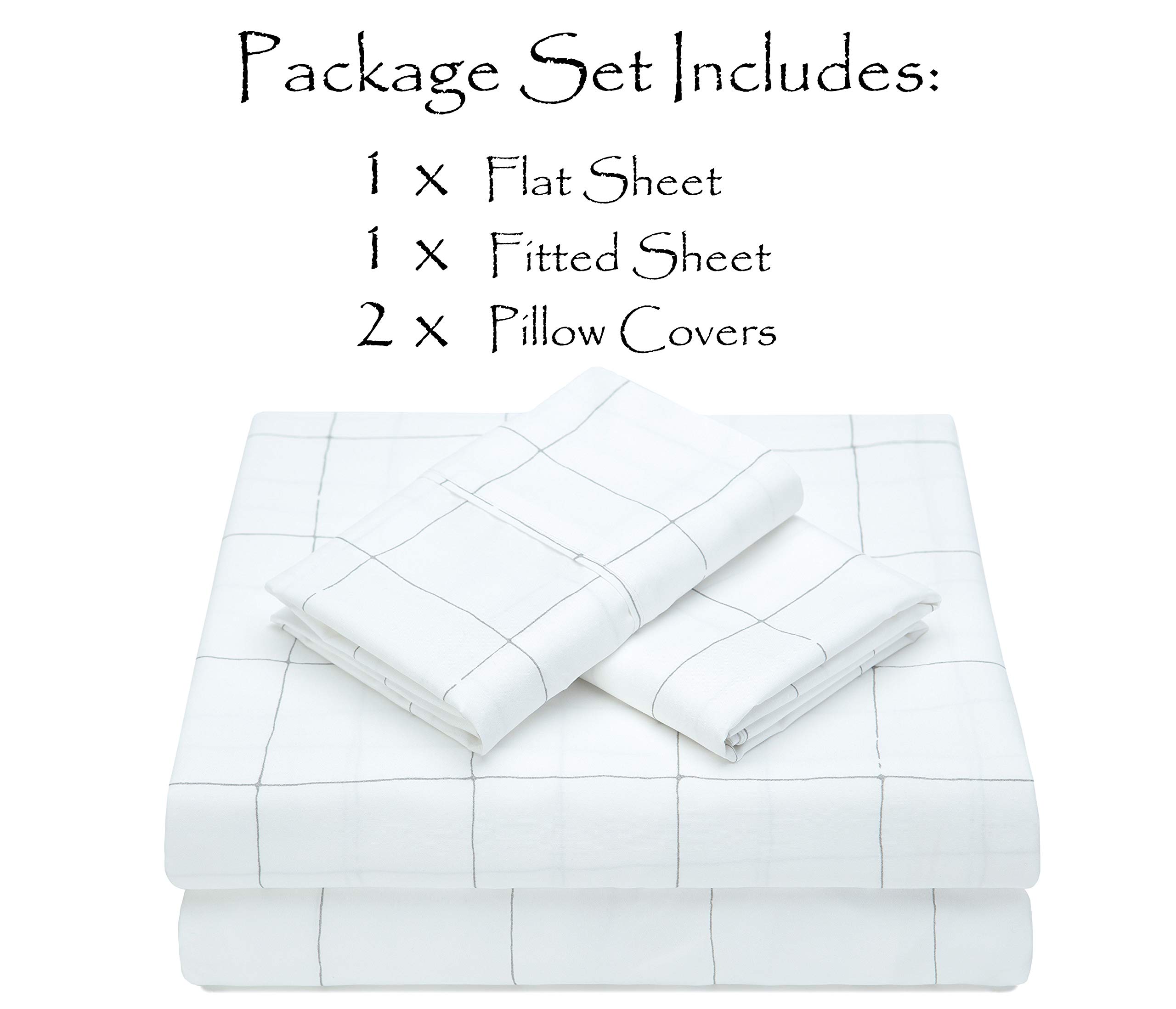 Chanasya Premium Printed Queen Bed Sheet Set 4-Piece - Soft Hand Drawn Plaid Pattern Microfiber Sheets - 1 Flat Sheet, 1 Fitted Sheet, 2 Pillowcases - Wrinkle & Fade Resistant - White - Queen Size for Cozy Bedroom Decor & Comfortable Sleep