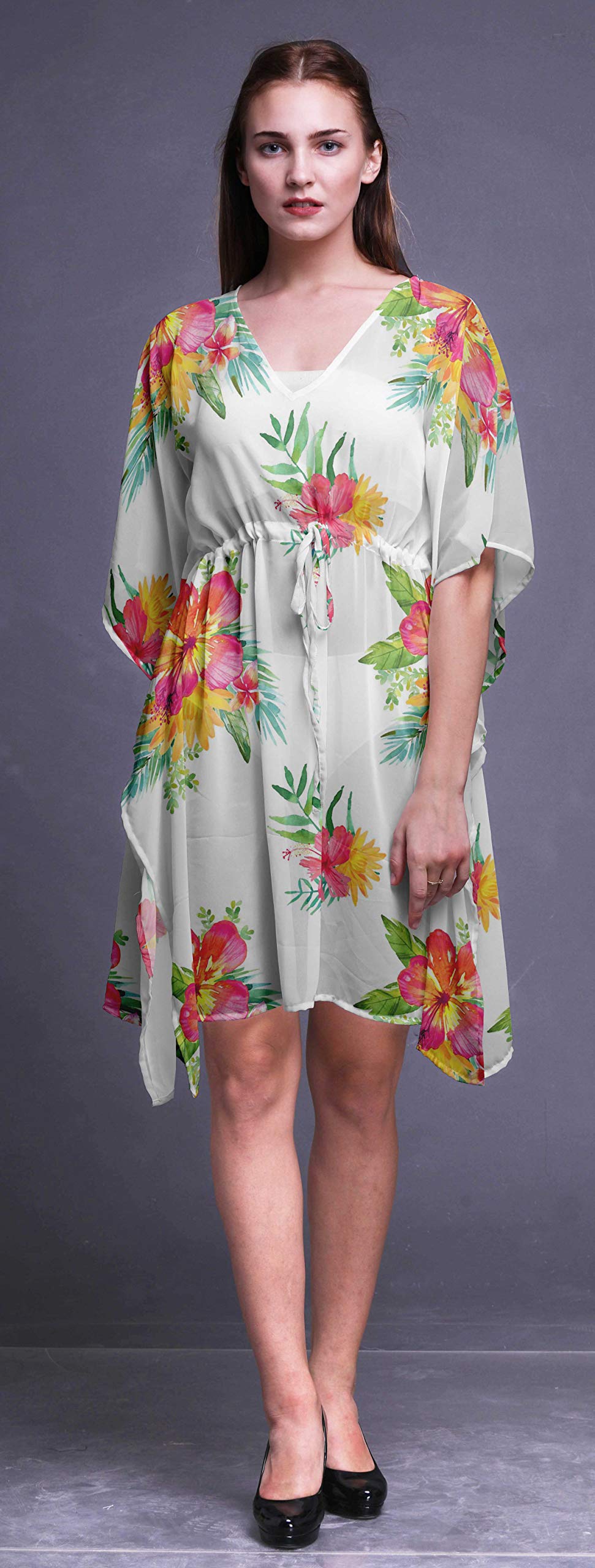 Bimba Women's Short Caftan Midi Dress - Beach Cover Up Swimwear, Summer Boho Kaftan Dress for Pool, Vacation & Resort Wear
