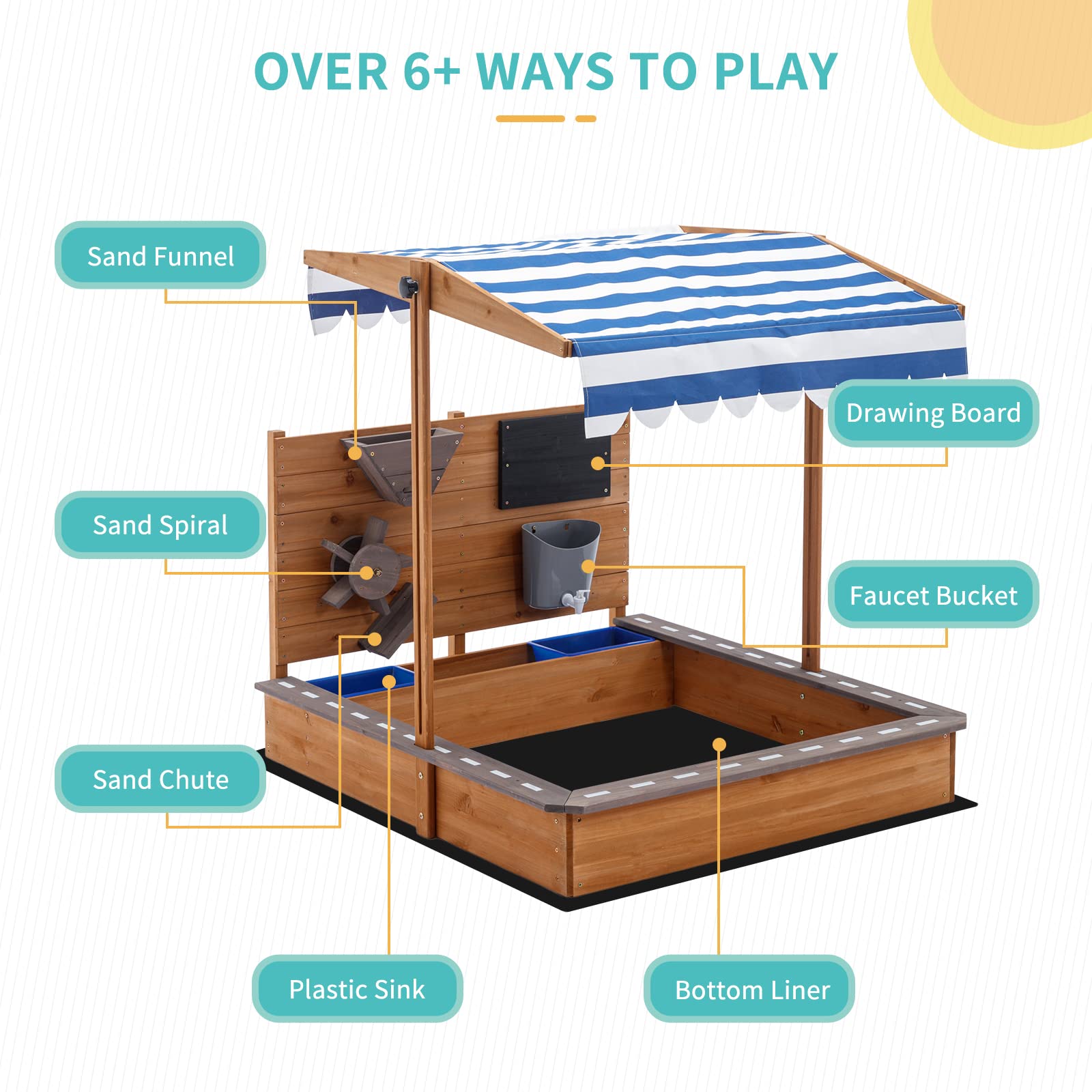 MOOITZ Large Wooden Sandbox with Adjustable Canopy Cover - Outdoor Sand Play Box for Kids, Backyard, Garden & Beach - Includes Sand Funnel & Drawing Board - Perfect for Patio, Playground & Outdoor Activities (Brown, 2023 Model)