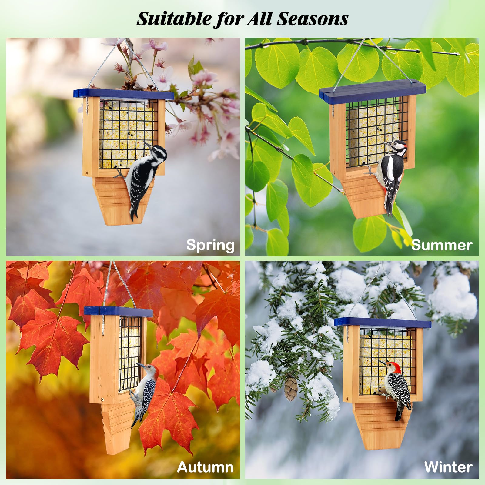 Wooden Suet Bird Feeder for Outdoor Hanging - Durable Woodpecker Feeder with Tail Prop - Wild Bird Feeder for Backyard, Garden & Nature Watching - 1 Pack Blue Birdhouse for Year-Round Bird Feeding
