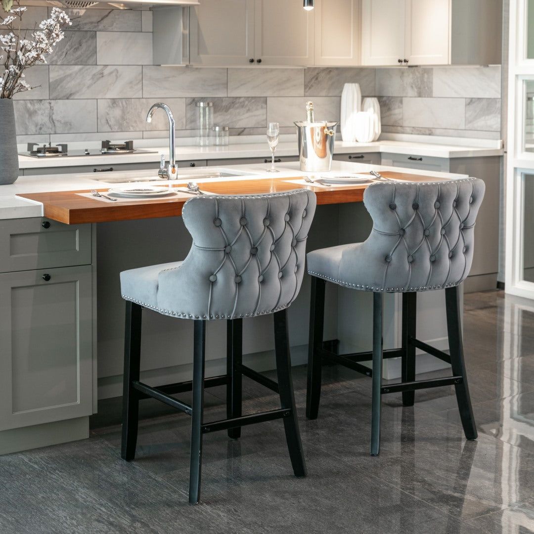 Velvet Upholstered Button Tufted Bar Stools with Wood Legs - Set of 4 Grey Barstools for Kitchen Island, Breakfast Nook & Home Bar Decor