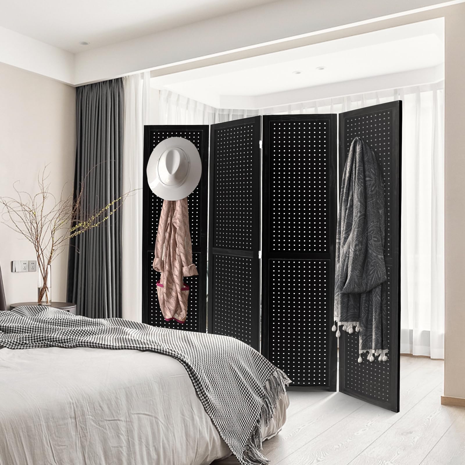Babion 4-Panel Pegboard Display - Freestanding Folding Room Divider & Privacy Screen for Craft Shows, Trade Shows, and Retail Displays - Black (Ideal for Home Offices, Studios, and Event Booths)
