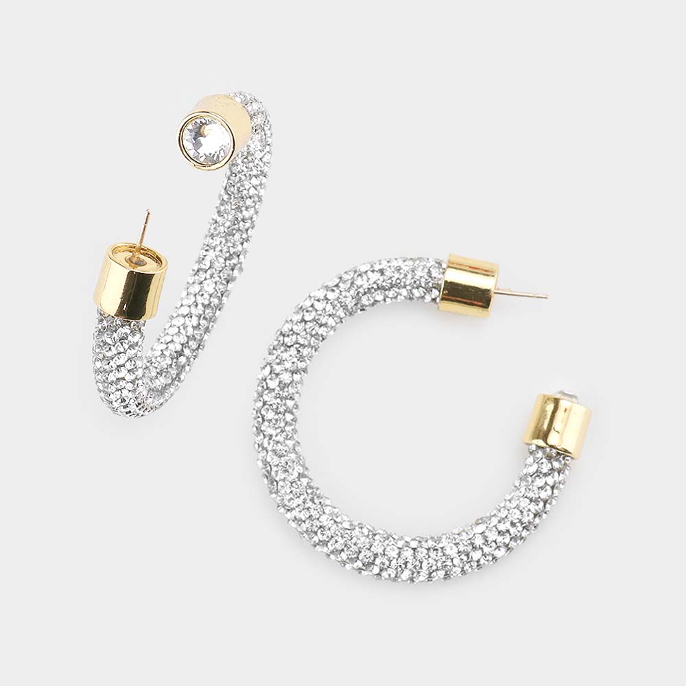 Sparkling Clear Rhinestone Half Hoop Earrings - 1.75 Inch Elegant Dangle Earrings for Women | Perfect for Parties, Weddings & Special Occasions