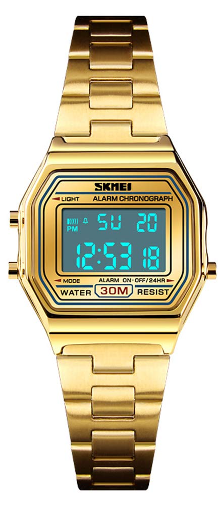 Women's Digital Watch - Thin Gold Stainless Steel LED Sports Watch with Backlight, Timer, Waterproof & Alarm Clock | Perfect for Running, Swimming & Everyday Wear (Gold)