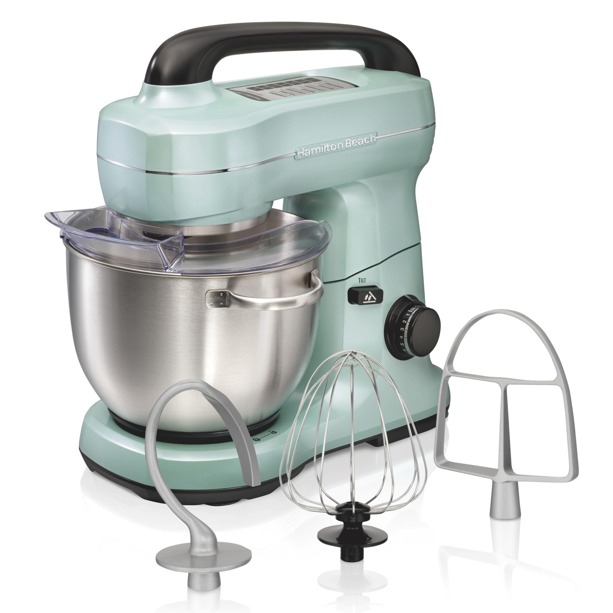 Hamilton Beach 4-Quart Electric Stand Mixer with Dough Hook, Flat Beater & Whisk - 7 Speed Settings & Splash Guard - Perfect for Baking Cakes, Cookies & Bread Dough (Aqua)