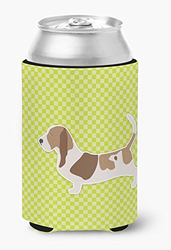 Basset Hound Checkerboard Green Can & Bottle Hugger - Insulated Beverage Sleeve for Coffee, Beer, Soda Cans - Cute Dog-Themed Drink Cooler for Home, Office, Picnics & Parties