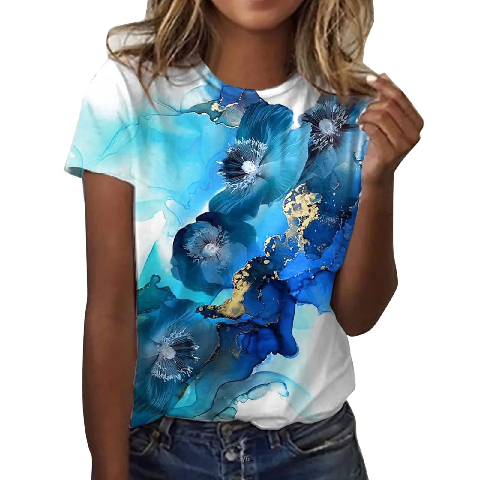 Women's Summer Print O-Neck Tank Tops - Short Sleeve Casual Loose Tees for Workout, Office & Everyday Wear | Flowy Dressy-Casual Blouses for Women