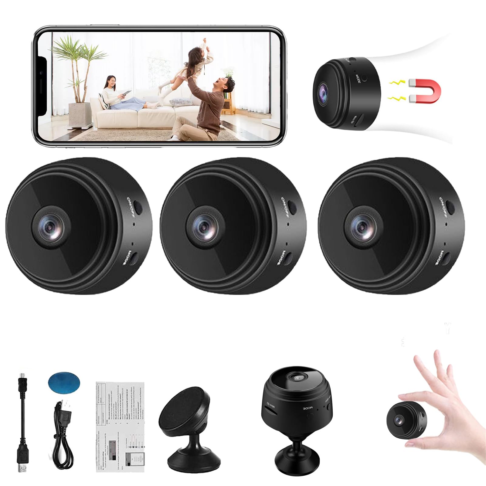 MiniGuard Cam - 2024 Best Hidden Nanny Camera with 1080p Full HD, Motion Detection Alarm & Phone App - 3 Pack Mini Security Cameras for Home, Office, Baby Monitor & Pet Surveillance