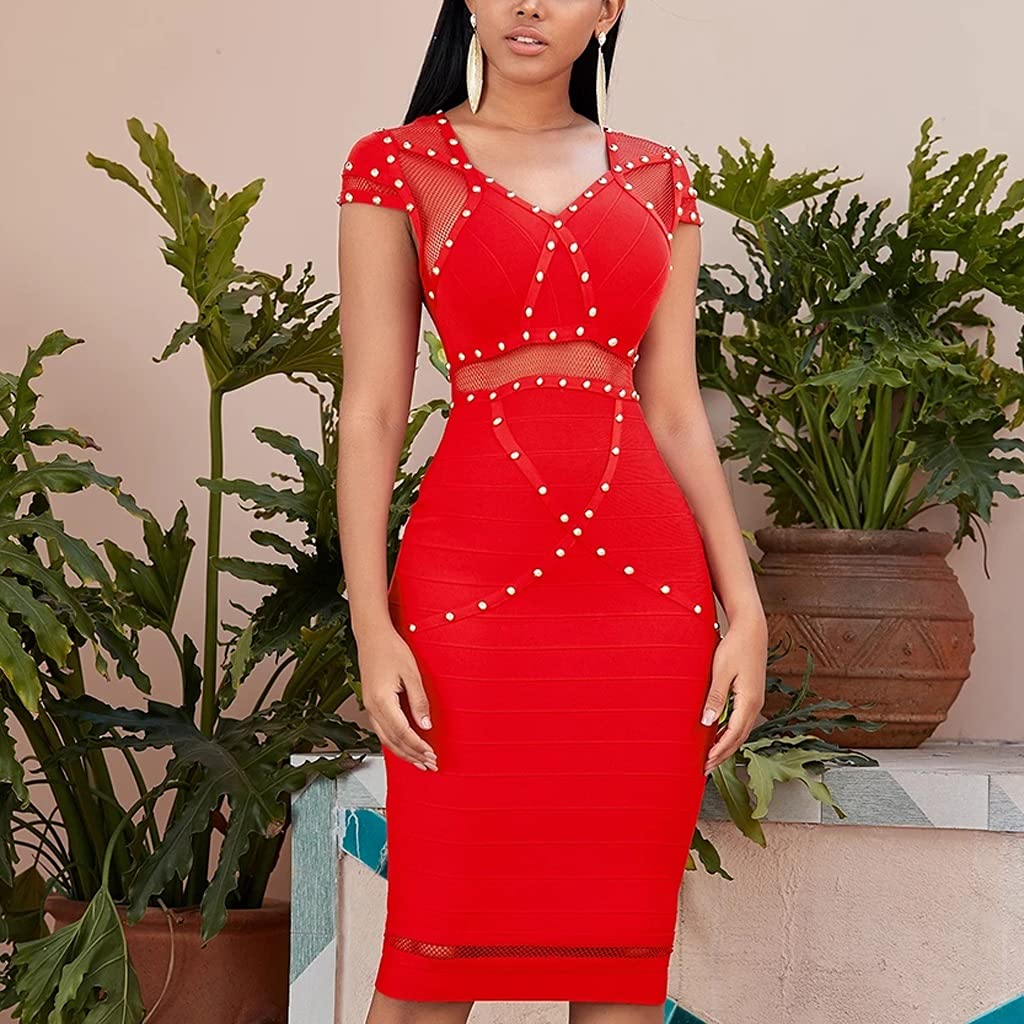 UXZDX Women's Sexy Lace Bandage Dress Hollow Out Bodycon Club Celebrity Evening Runway Party Dress - Red Size M | Perfect for Night Out, Date Night, Club Wear, Cocktail Party & Special Occasions