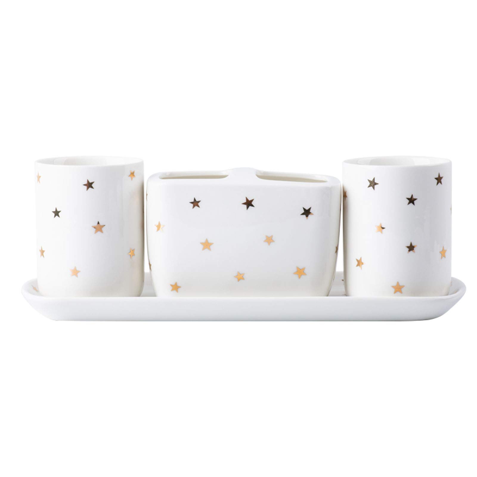 KKYY Ceramic Bathroom Accessory Set - Modern Soap Dish, Soap Dispenser, Toothbrush Holder & Tumbler Cup with Gold Star Design - Elegant White Bathroom Decor for Sink Countertop Organization (Perfect for Guest Bathrooms, Master Suites & Apartment Decor)