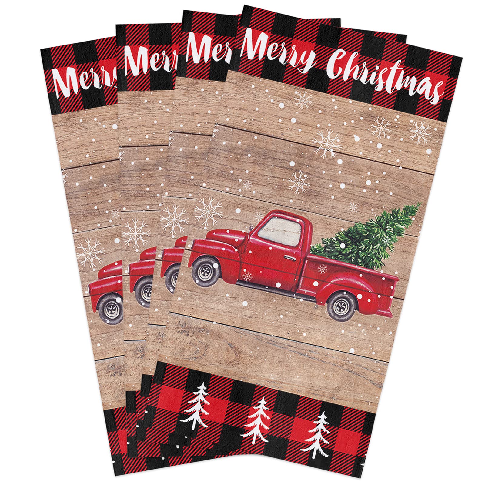 4-Pack Microfiber Kitchen Towels - Super Absorbent & Fast Drying Dish Towels for Kitchen, Bathroom & Bar - Soft Reusable Washable Cloths with Red Truck Christmas Tree & Wood Grain Design - Perfect for Holiday Decor, Dish Drying & Home Cleaning