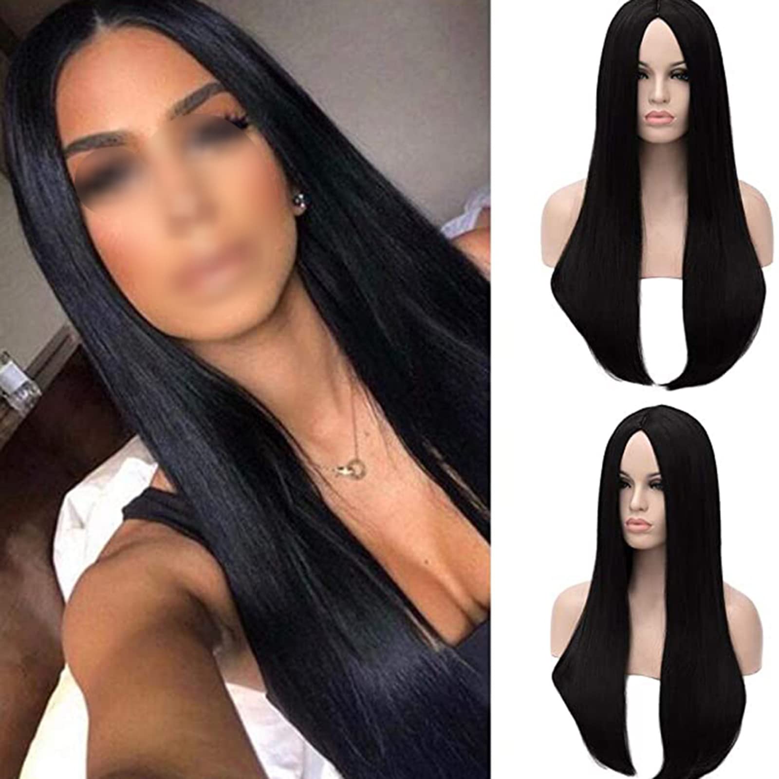 Natural Black Synthetic Heat Resistant Wigs for Women - 24 Inch Long Straight Hair Replacement Wig for Daily Use & Parties | Realistic Look & Comfortable Wear