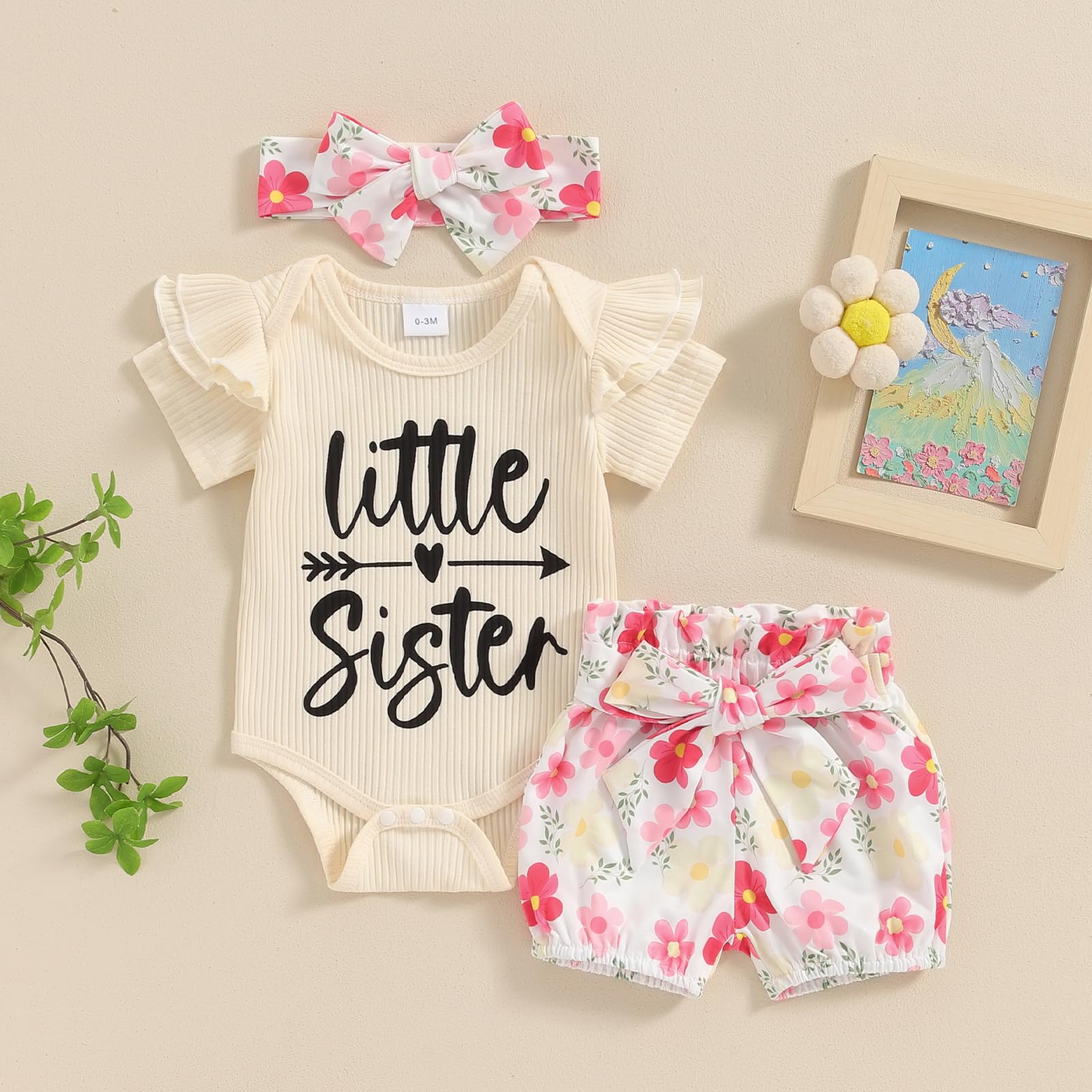 Newborn Baby Girl Outfits - Short Sleeve Ribbed Romper with Floral Shorts & Headband - Cute Auntie's Bestie Gift Set for Photoshoot, Birthday & Special Occasions