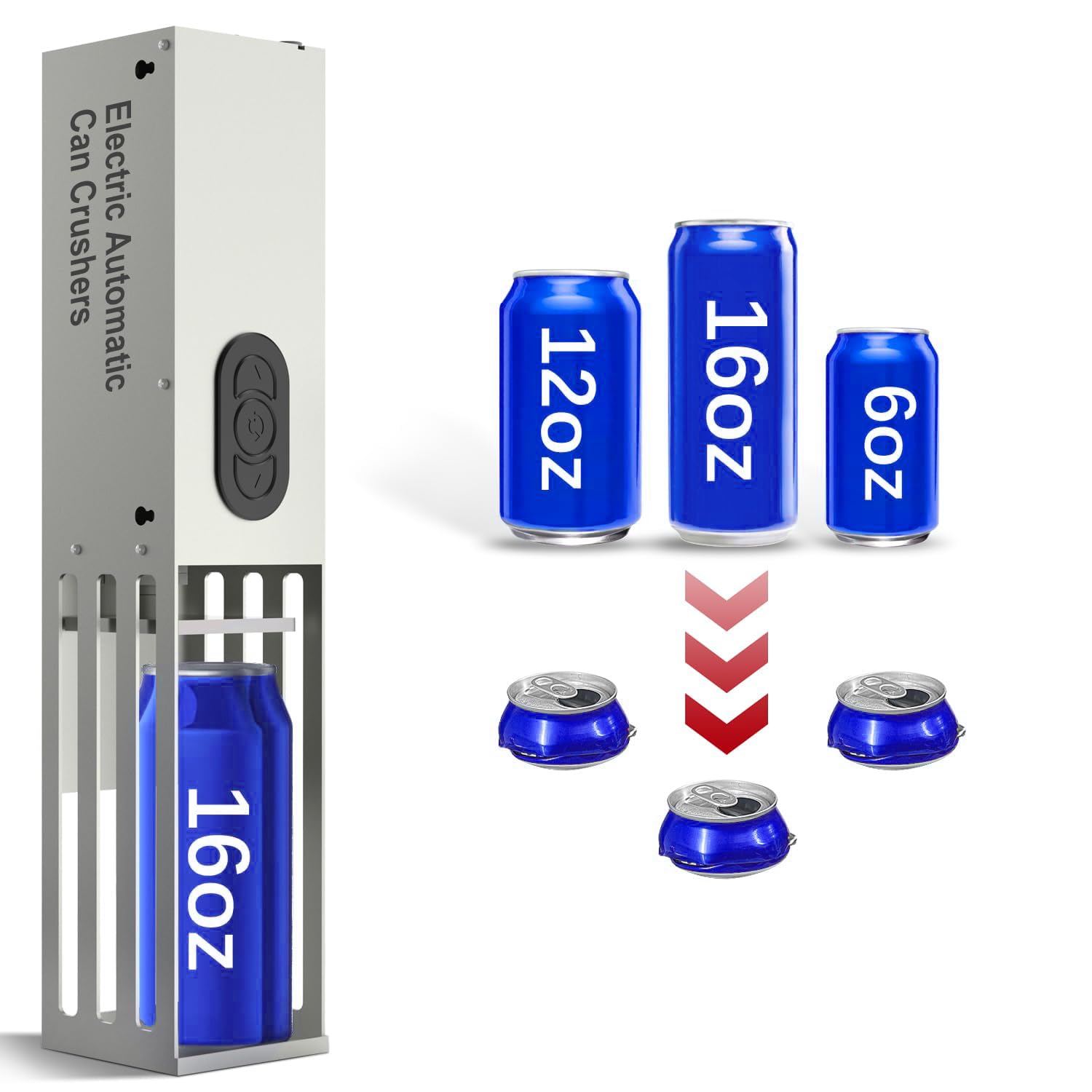 Automatic Electric Can Crusher - Heavy Duty Wall Mounted Can Smasher for 12oz & 16oz Aluminum Cans (Soda, Beer, Seltzer) & Plastic Bottles - Perfect for Recycling, Kitchen, Garage & Home Organization - Great Housewarming Gift for New Homeowners