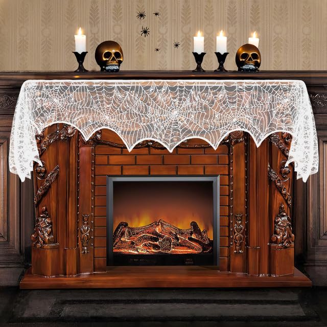 White Lace Spiderweb Fireplace Mantle Cover - Elegant Halloween Decorations for Indoor Fireplace & Party Supplies | Perfect for Halloween Home Decor, Spooky Party Setup & Fireplace Mantel Styling
