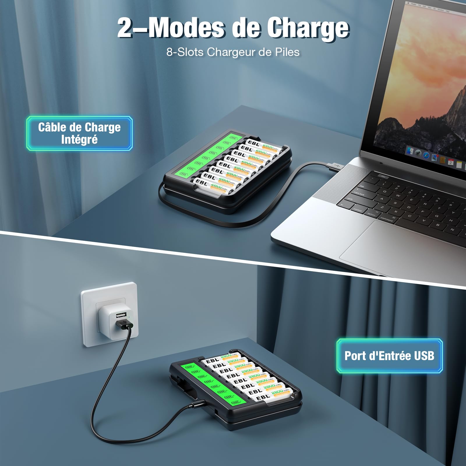 EBL 8-Pack AA 2800mAh Rechargeable Batteries with LCD Charger - USB & Micro USB Ports for AA/AAA Ni-MH Batteries | Perfect for Cameras, Toys, Flashlights & Emergency Power Backup