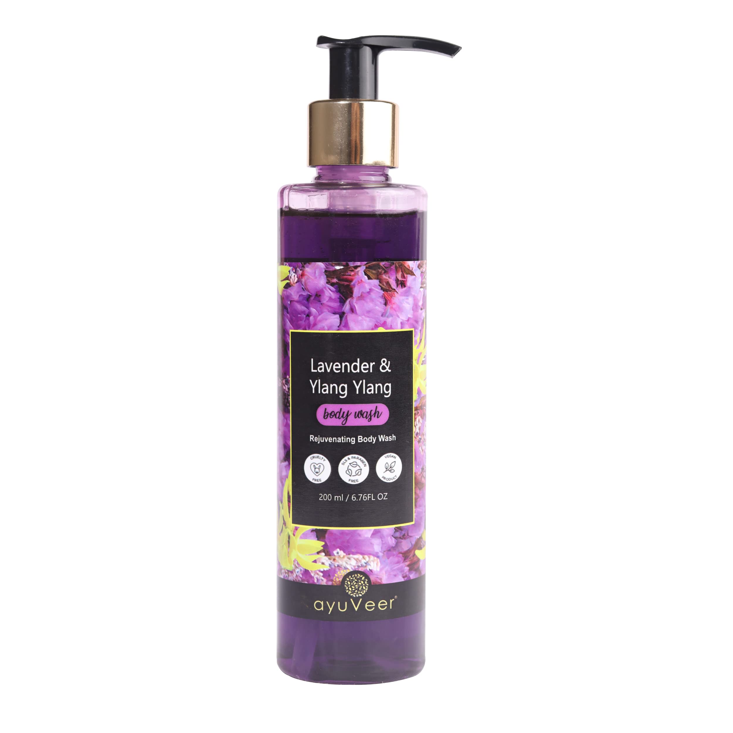 Ayuveer Lavender & Ylang Ylang Body Wash for Soft Skin - Long Lasting Fragrance, Paraben Free, All Skin Types | Exfoliating & Deep Cleansing Formula in 200ml Pump Bottle | Perfect for Daily Shower, Spa Day & Relaxation