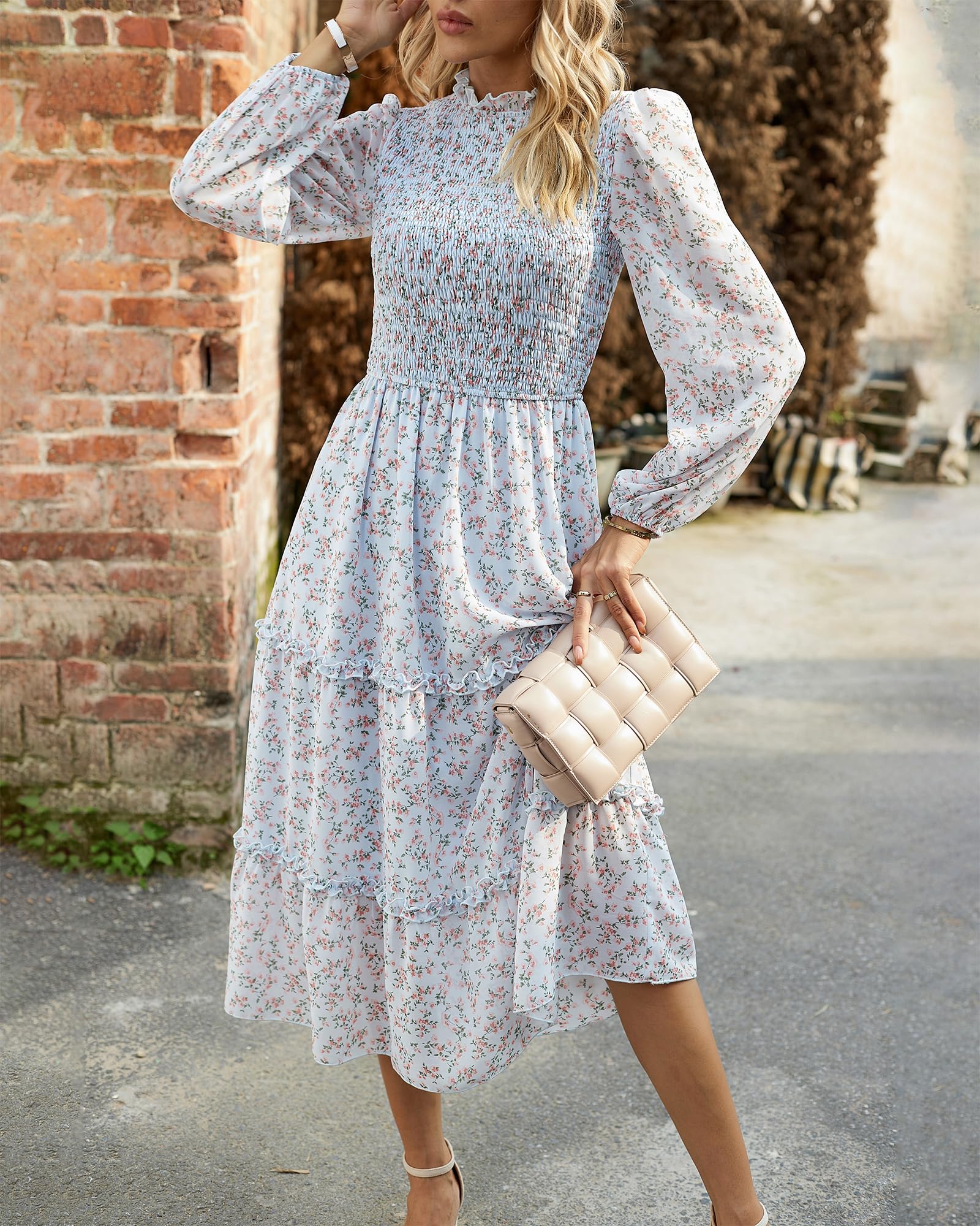 NOLLSOM Women's Floral Boho Maxi Dress Long Sleeve Crew Neck Ruffle A-Line Flowy Wedding Guest Dress for Spring 2025 | Casual Elegant Dress for Beach Vacation, Garden Party & Special Occasions