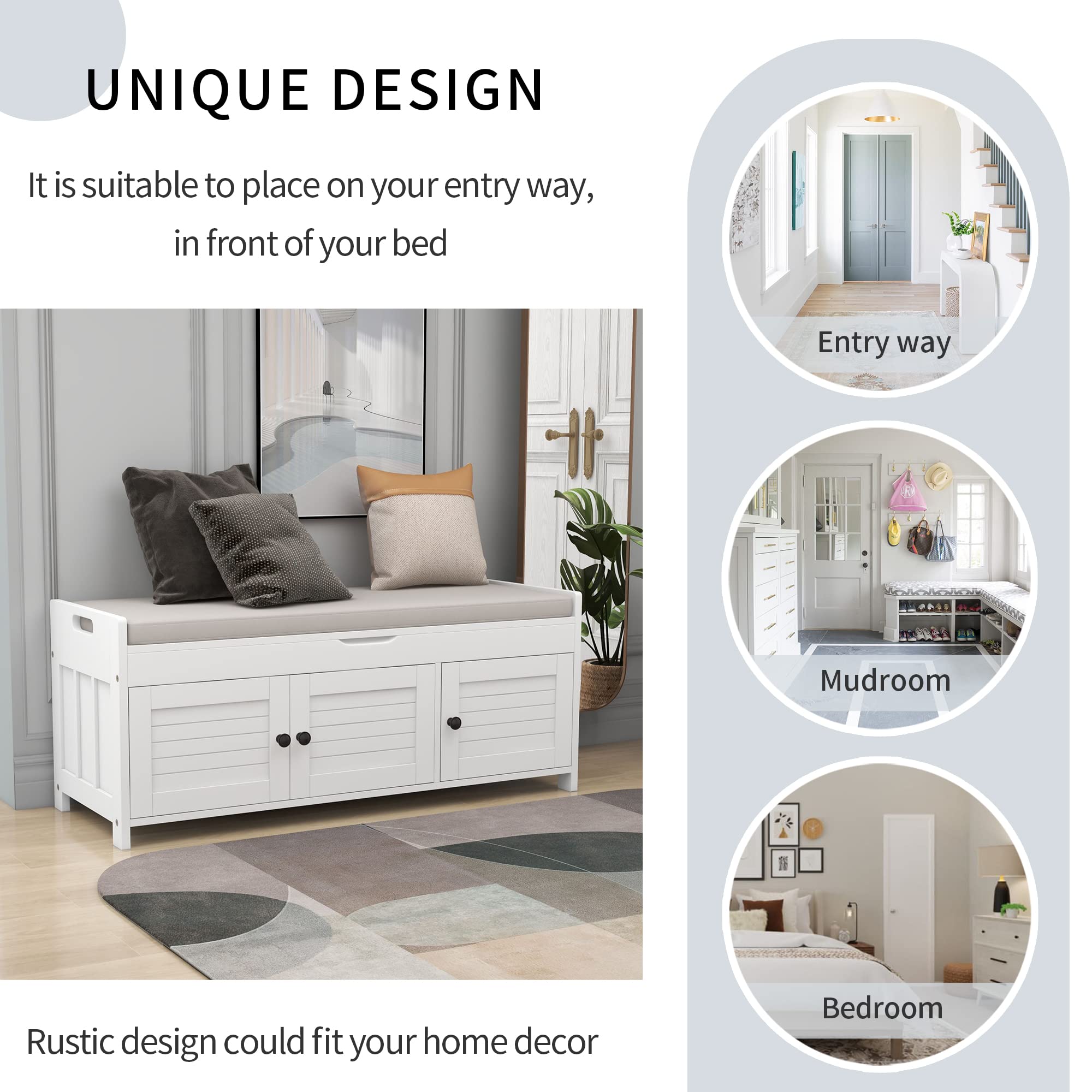 Merax Storage Bench with 3 Shutter Doors - Entryway Shoe Bench with Removable Cushion & Hidden Storage - Perfect for Living Room, Bedroom, Hallway Organization & Home Decor