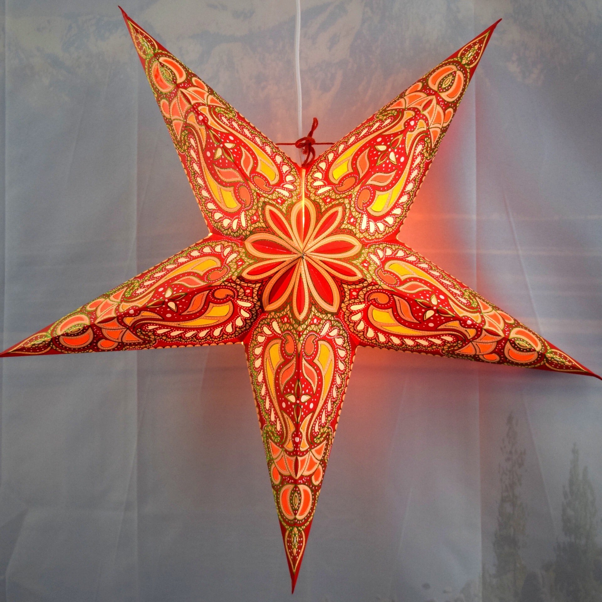 24 Inch Paper Star Lantern - Red & Green Stellar Bloom Glitter Hanging Decor for Christmas, Party, Wedding & Home Decoration