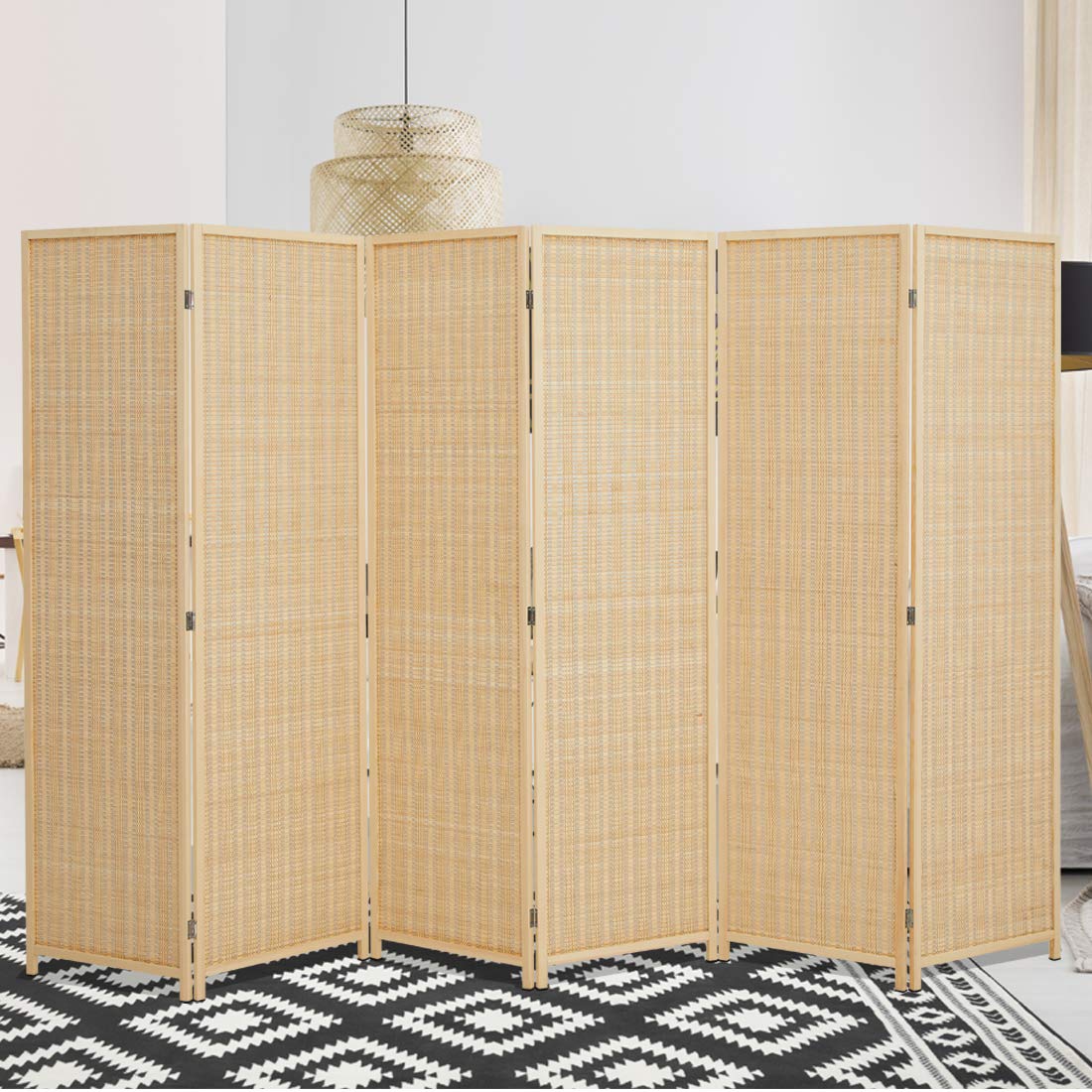 6 Panel Bamboo Room Divider Privacy Screen - Natural Freestanding Folding Partition for Home Office, Bedroom & Living Room - Beige