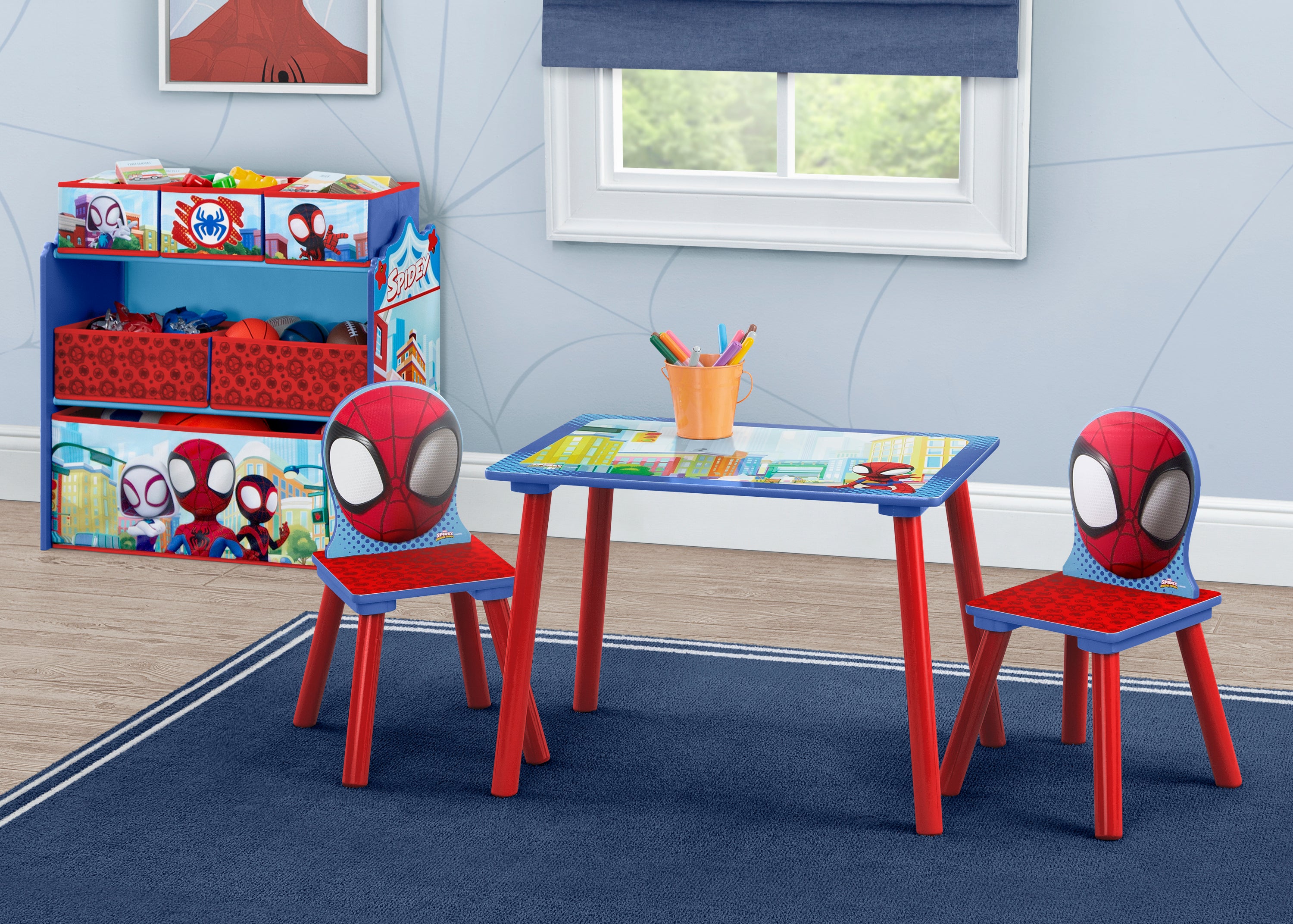 Spidey and His Amazing Friends 4-Piece Toddler Playroom Set with Play Table & 6-Bin Toy Organizer | Kids' Room Decor & Toy Storage Solution for Preschool Playtime