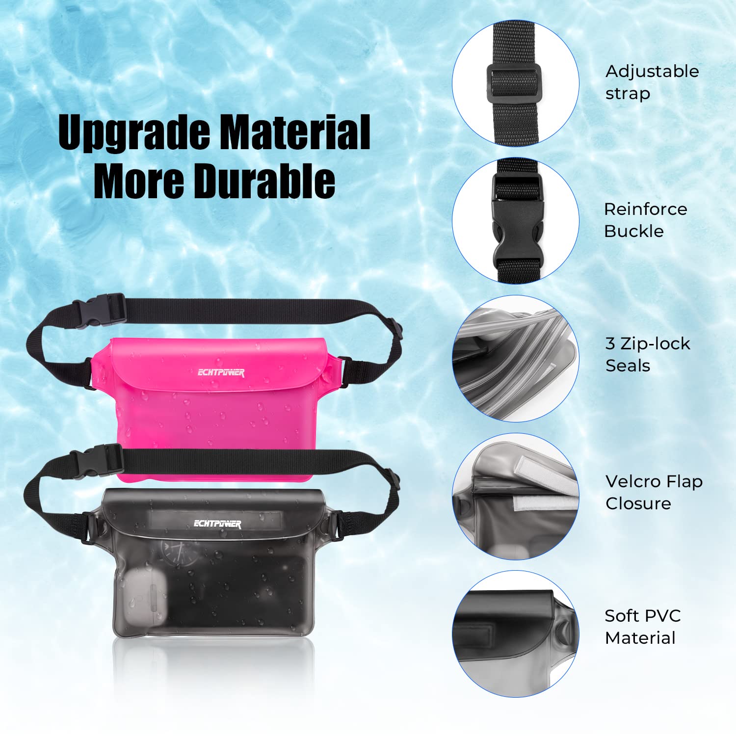 ECHTPower 2-Pack Waterproof Pouch Bag - Adjustable Waist Strap Dry Bag for Swimming, Beach, Kayaking, Boating & Outdoor Activities | Ideal for Water Sports, Travel & Hiking