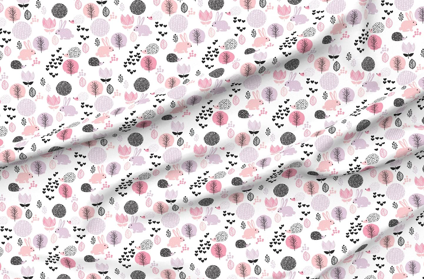 Cute Spring Animals Hedgehog Bunny Garden Easter Flowers Printed Denim Fabric - Fat Quarter for Apparel, Home Decor & Upholstery | Perfect for DIY Crafts, Quilting, and Sewing Projects