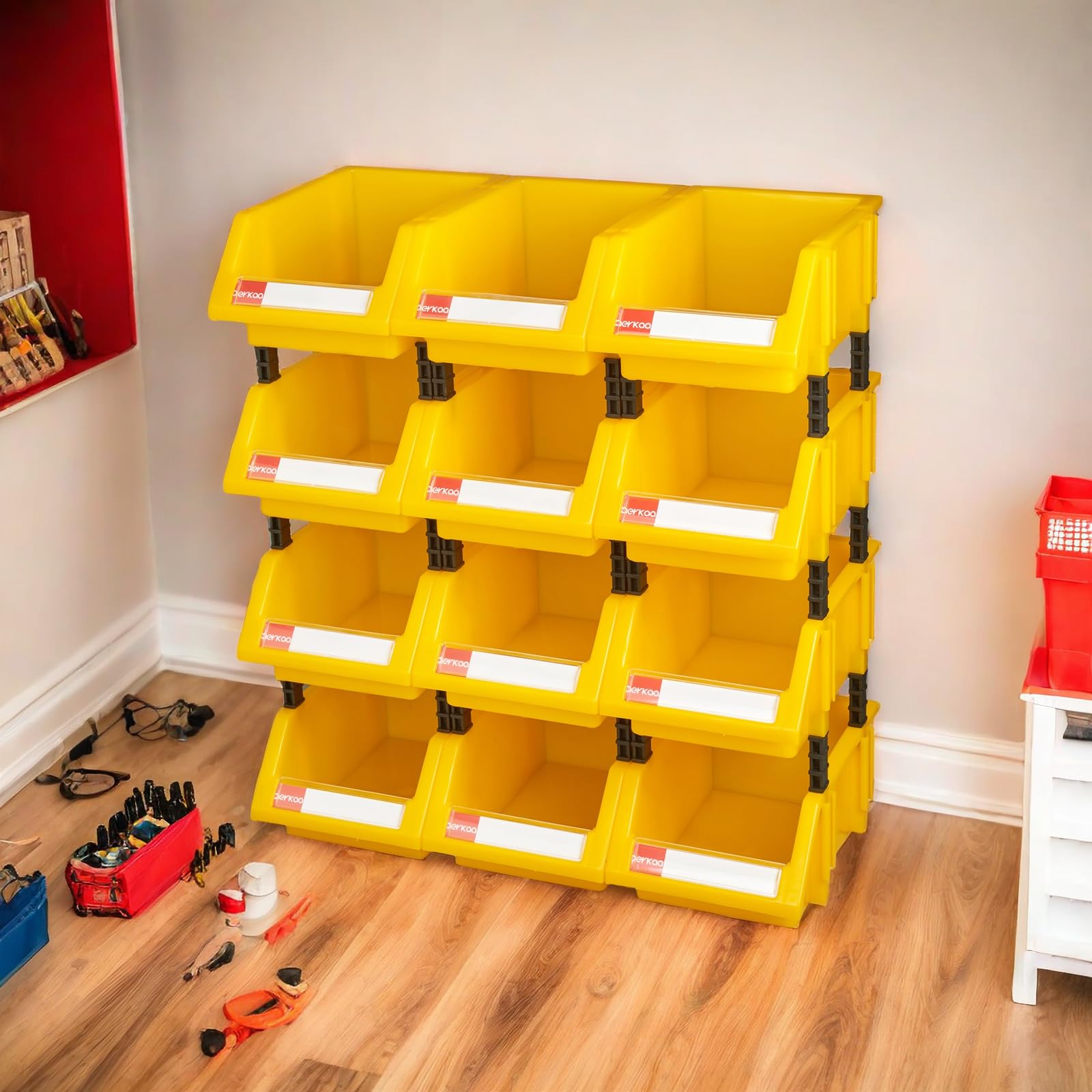 Heavy Duty Stackable Small Parts Organizer Bins - 12 Pack Yellow Plastic Storage Containers for Tools, Hardware, Crafts & DIY Projects