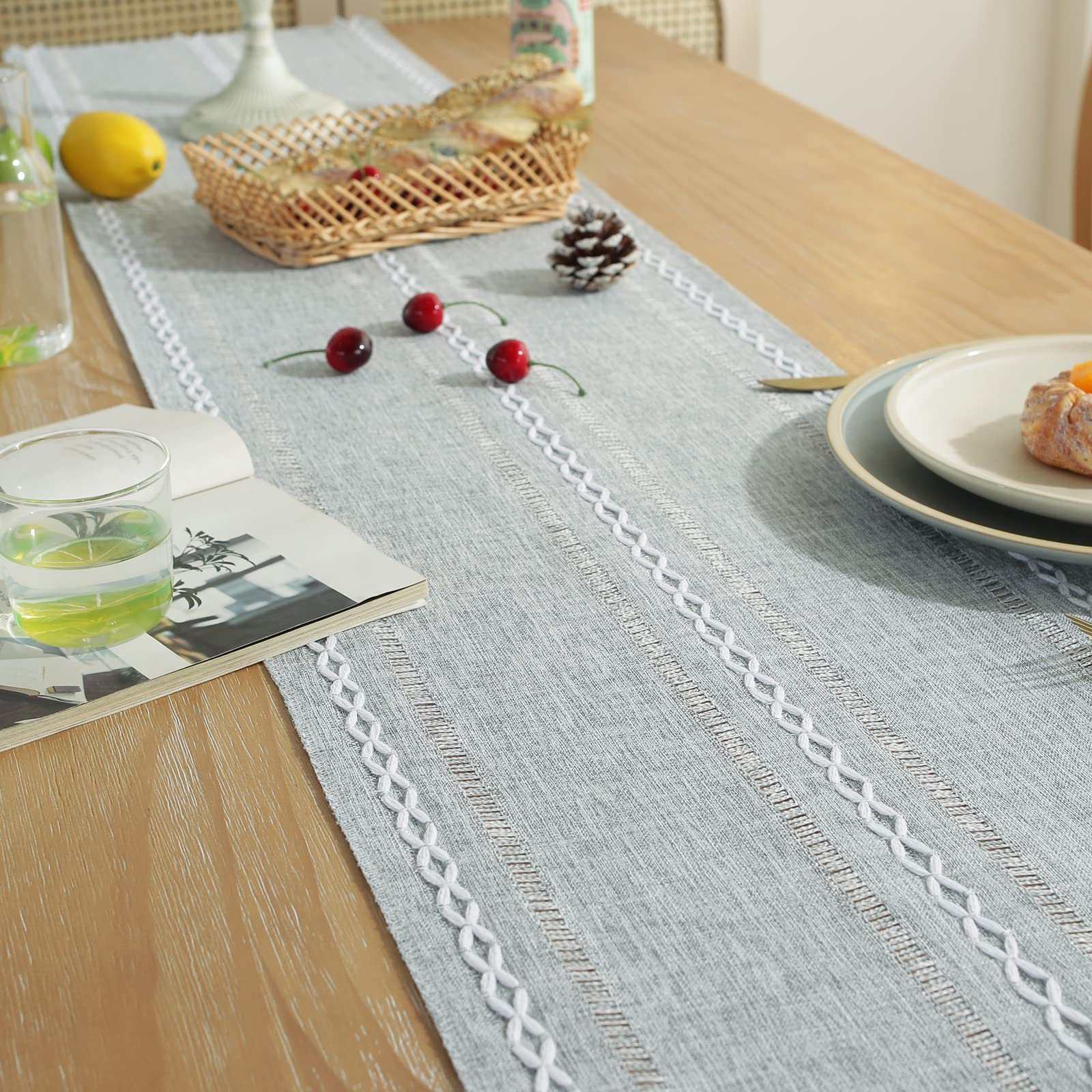 Wracra Rustic Hemstitch Linen Table Runner 90 Inches Long with Tassels - Farmhouse Style Dining Table Decor, Kitchen & Coffee Table Cover, Party & Dresser Accent - Perfect for Weddings, Holidays & Home Decor (Grey, 13×90 Inches)