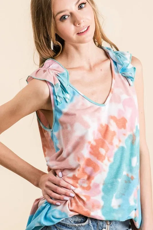 BiBi Circular Tie Dye Knit V Neck Top With Ruffle - Stylish Boho Women's Blouse for Summer, Beach, and Casual Outings
