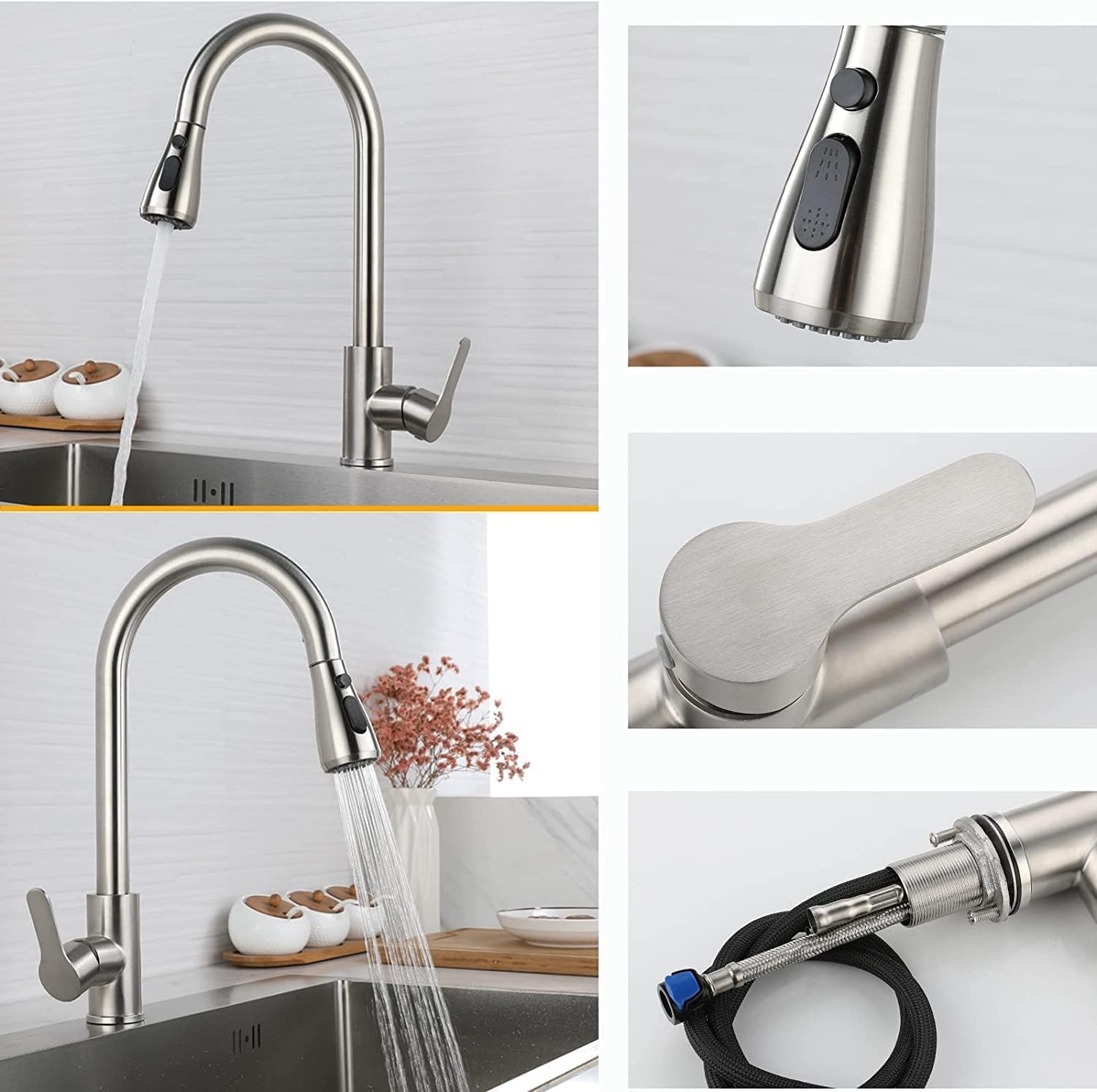 LKUWEE 360° Swivel Pullout Kitchen Faucet, Stainless Steel Brushed Nickel, Hot and Cold Water Tap with 2 Hoses, Ideal for Modern Home Kitchens